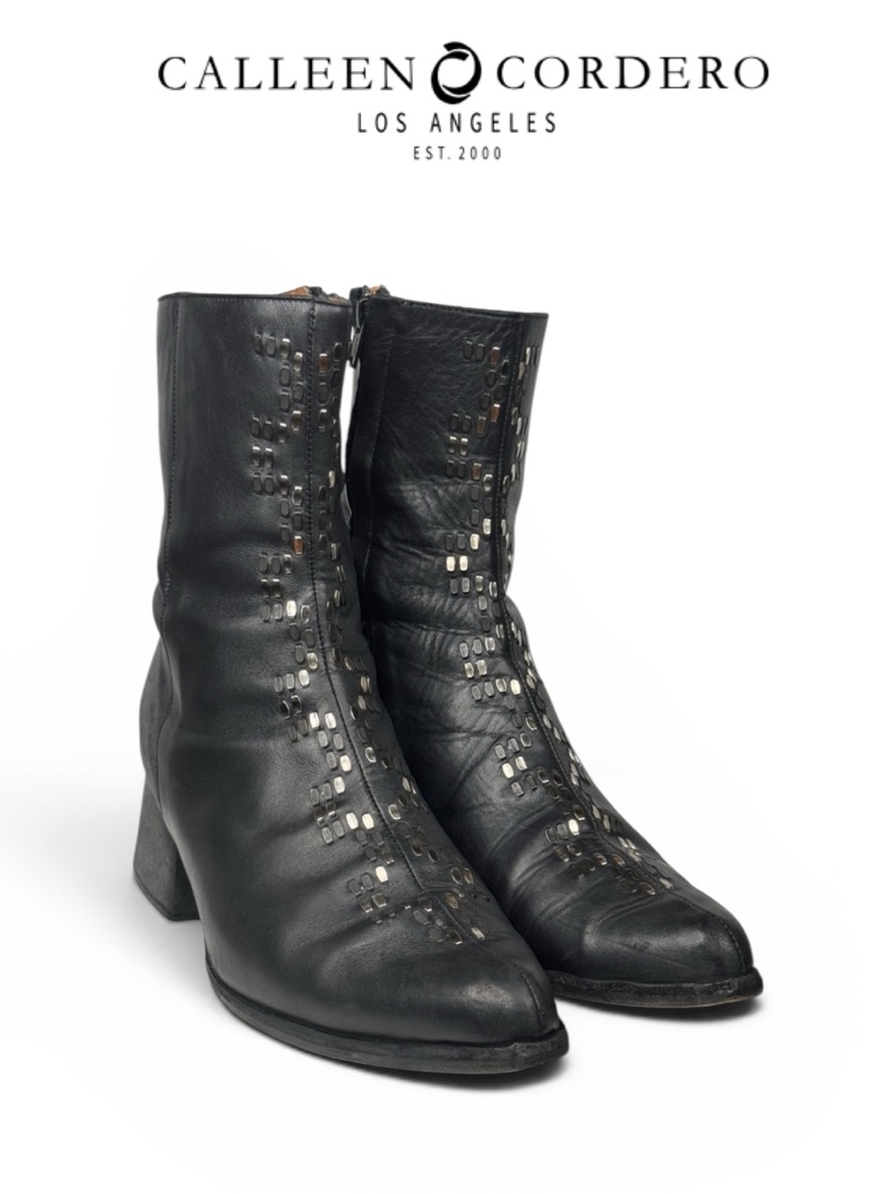 CALLEEN CORDERO BLACK LEATHER STUDDED ANKLE HEELED BOOTS HANDMADE ARTISAN 9.5